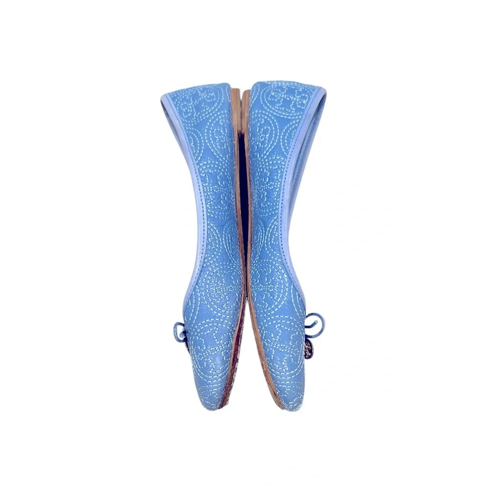 TORY BURCH CHELSEA LIGHT OCEAN BLUE BALLET TOE BOW CHARM ROUND TOE FLATS 7